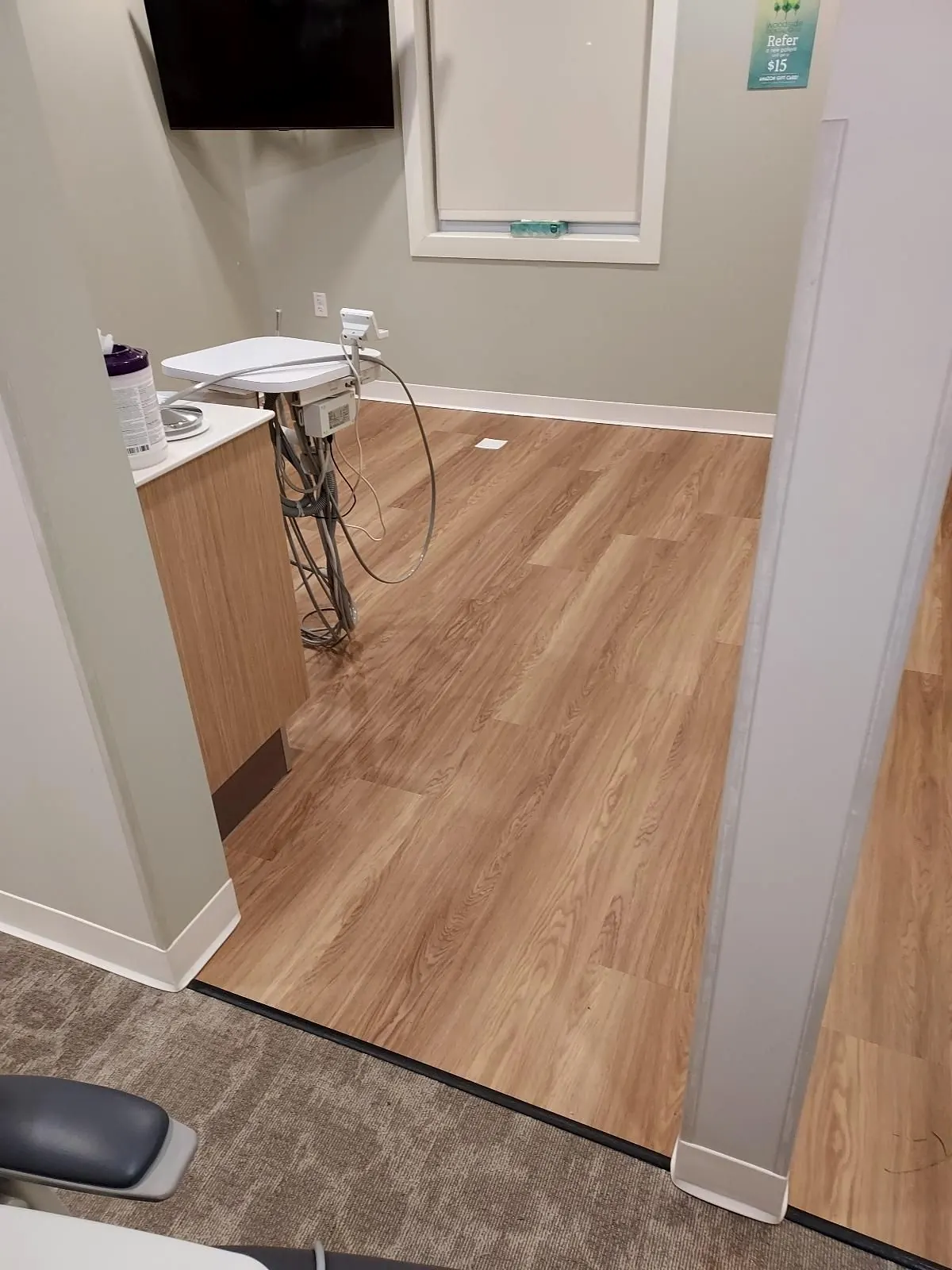 Resilient wood-look flooring in a medical exam room