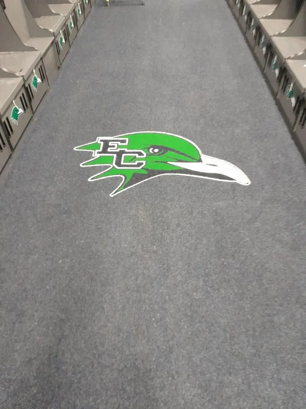 Gray carpet with an inlaid green school mascot logo